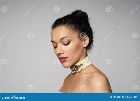 Beauty Profile Portrait Of Beautiful Mixed Race Woman Wearing Chocker