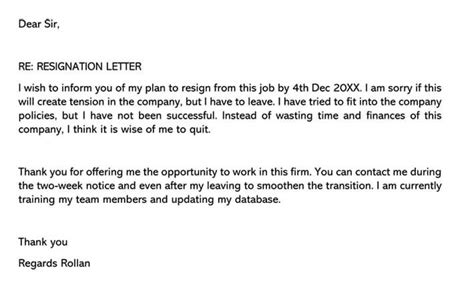 Sample Resignation Letters For Job Thats Not A Good Fit
