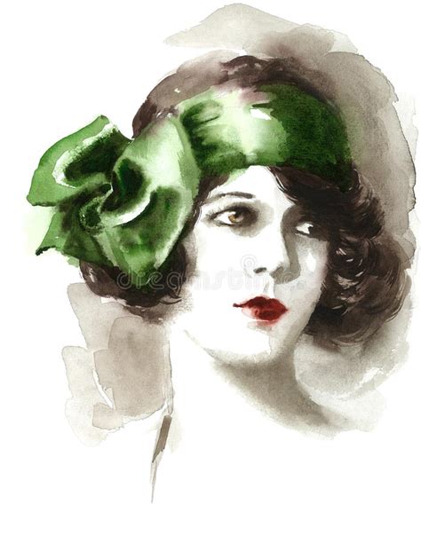 Beautiful Woman Vintage Twenties Style Watercolor Hand Painted Fashion