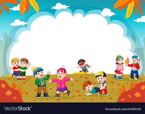 Happy Children Playing With Autumn Leaves Vector Image