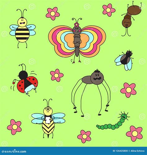 Funny Different Insects Stock Vector Illustration Of Flower 126425800