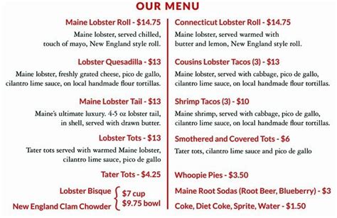 Cousins maine lobster is looking for motivated, experienced business people to help us expand our brand of maine lobster around the world. Cousins Maine Lobster Menu, Menu for Cousins Maine Lobster ...