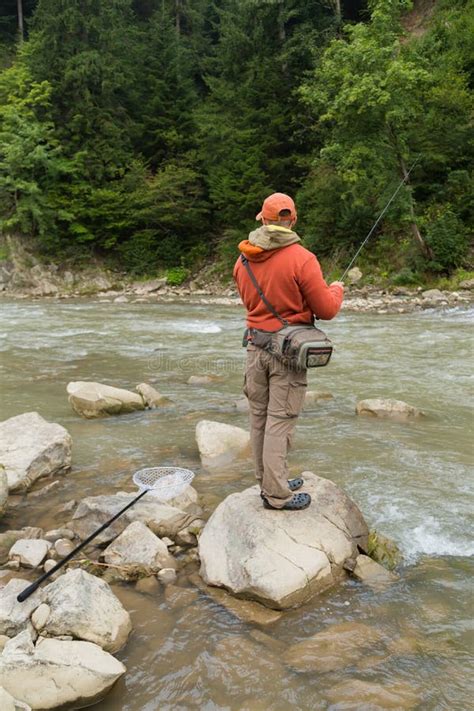 Fishing On Mountain River In Summer Stock Photo Image Of River