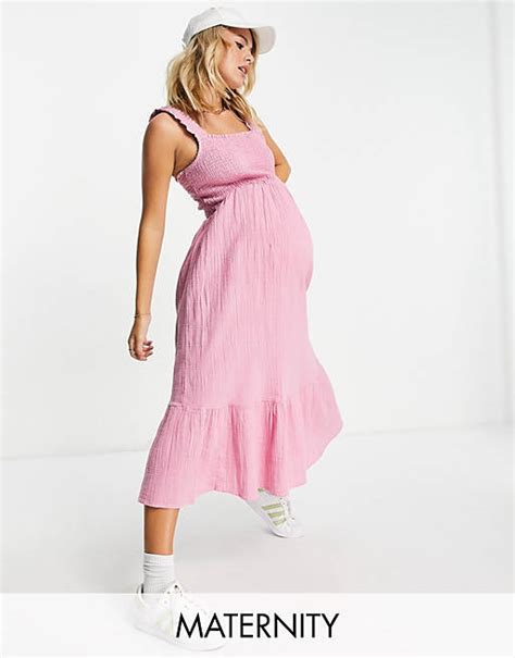 new look maternity shirred strap double tiered midi dress in pink asos