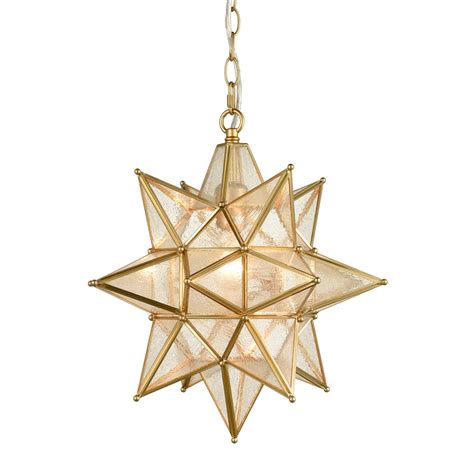 Gold Light Moravian Star Pendant Chandelier With Seeded Glass 15 Inch