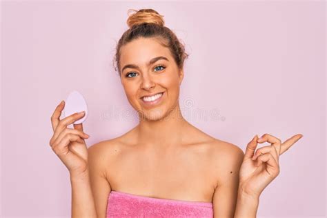 Beautiful Woman With Blue Eyes Wearing Towel Shower After Bath Holding Makeup Sponge Very Happy