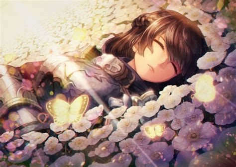 Wallpaper Anime Girl, Sleeping, Lying Down, Armor, Flowers, Braid