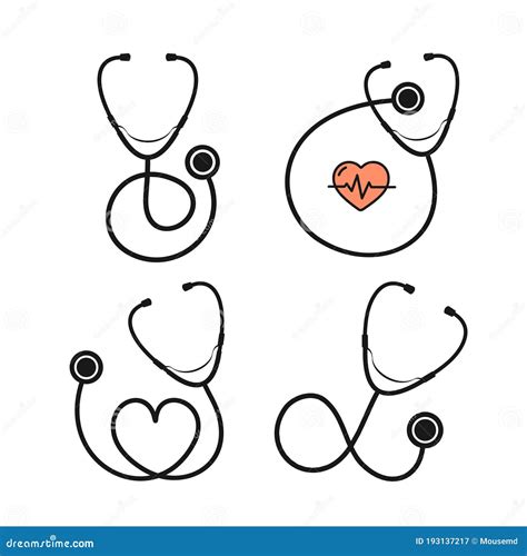 Cartoon Silhouette Black Stethoscope With Heart Set Vector Stock