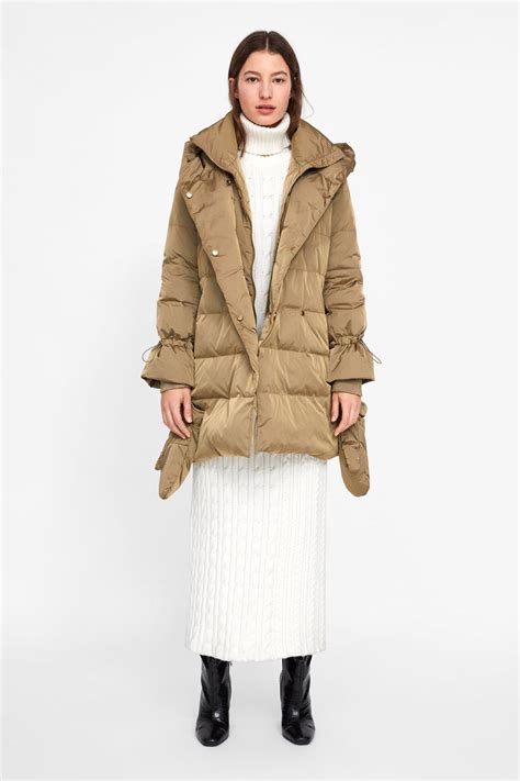 Zara Down Puffer Coat With Wraparound Collar