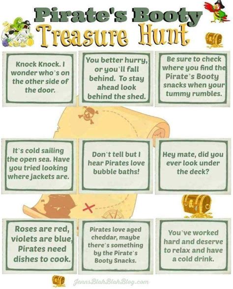 These printable birthday scavenger hunt clues for kids are fun and easy enough even little kids can play. Pirate's Booty Treasure Hunt Clue Sheet Printable