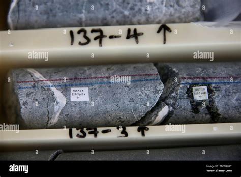 This March 1, 2017 photo, shows sections of a rock core extracted