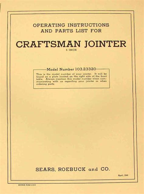 Craftsman Jointer Owner S Operator S Parts Manual