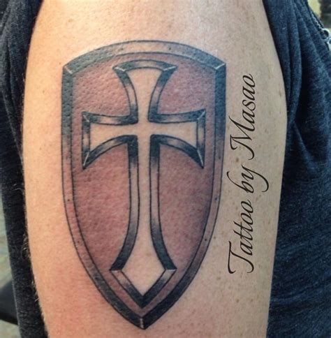 Crusader shield tattoo, the jerusalem cross also known as five fold cross or cross and crosslets is a heraldic cross and christian cross variant consisting of a large cross potent surrounded by four smaller greek crosses one in each quadrant it was used as the emblem and coat of arms of the kingdom of jerusalem from the 1280s there are variants. #Cross #Shield #tattoo | Shield tattoo