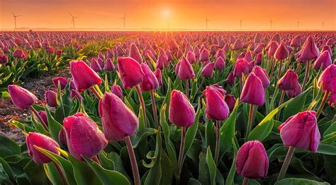 Tulips Field Tulips Sun Sunset Sunrise Rays Morning Glow
