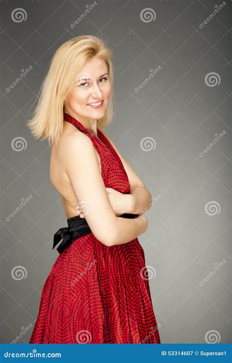 Blonde In A Red Dress Dancing Tango Stock Image Image Of Studio