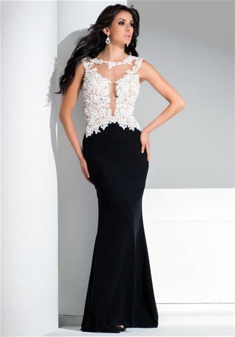 Sexy Mermaid See Through Open Back White And Black Lace Chiffon Long Evening Dress