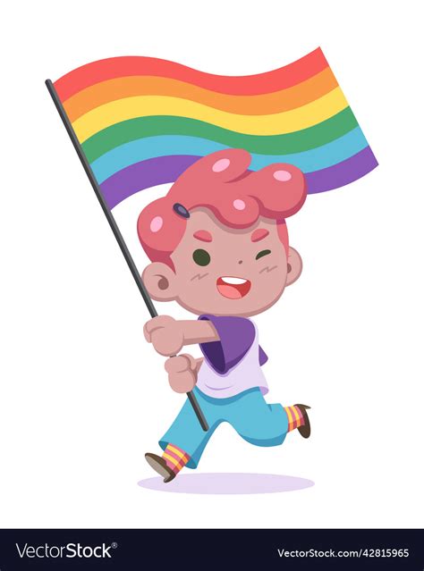 Cute Style Lgbt Person Waving Pride Flag Cartoon Vector Image