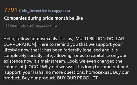 Gold Detective In Copypasta Companies During Pride Month Be Like Comments Self