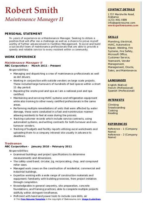 Maintenance Manager Resume Template Examples And Tips Maintenance
