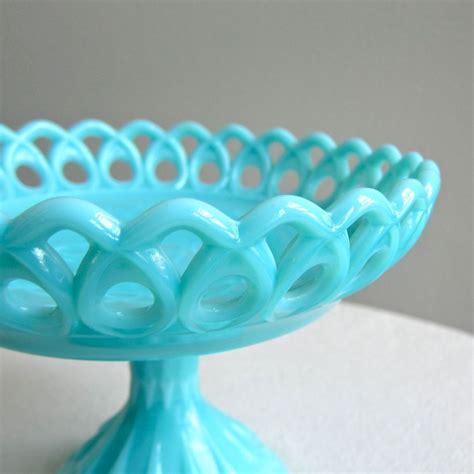Turquoise Blue Milk Glass Compote Footed Bowl By Fenton 1950s Etsy