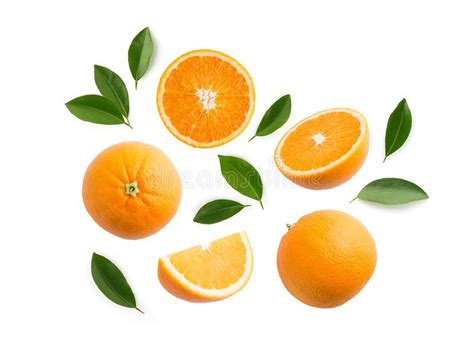 Group Of Slices Whole Of Fresh Orange Fruits And Leaves Isolate Stock