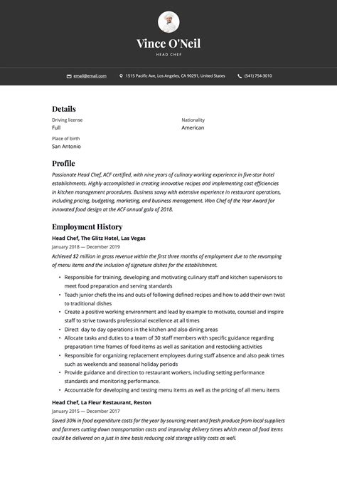 Head Chef Resume Template 2021 Management