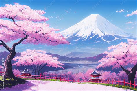 Beautiful Pink Cherry Trees And Mount Fuji In The Background Of This