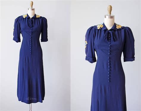 1930s Dress Vintage 30s Dress Deep Sapphire Rayon Crepe Etsy