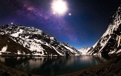 Nature Landscape Lake Mountains Snow Milky Way Galaxy Moon