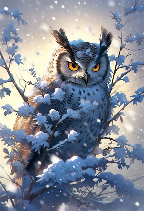 An Owl Sitting On Top Of A Tree Branch Covered In Snow With Bright