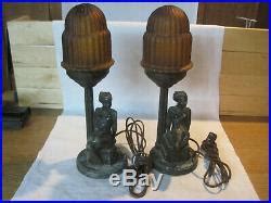 Antique Vintage Pair Art Deco Risque Nude Woman Table Top Lamps With Glass Shades Vintage