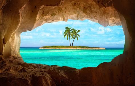 Wallpaper Palm Trees Rocks Island The Grotto The Pacific Ocean
