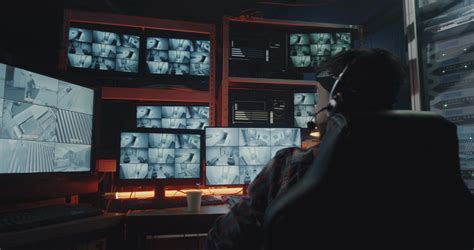 Medium Shot Of A Hacker Watching Hacked Security Camera Footage Stock