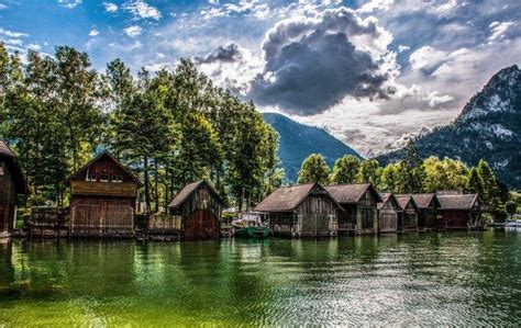 Nature Landscape Lake Mountains Boathouses Trees Hdr Clouds