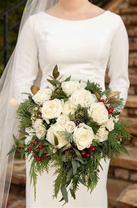 Winter Bridal Bouquet With Gold And Red Accents Winter Wedding