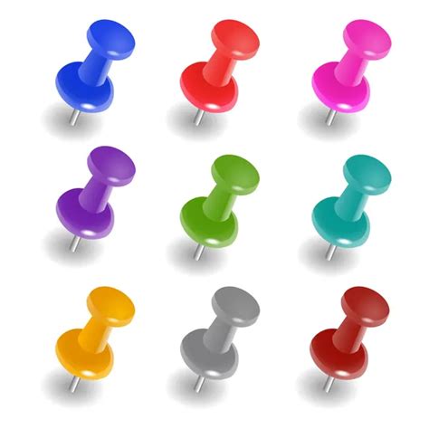 Realistic Colorful Push Pins Collection Isolated Vector Illustration