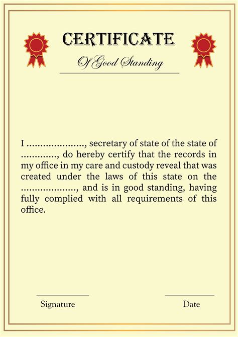 Certificate Of Good Standing Blank Printable In Pdf And Word Certificate Templates Certificate