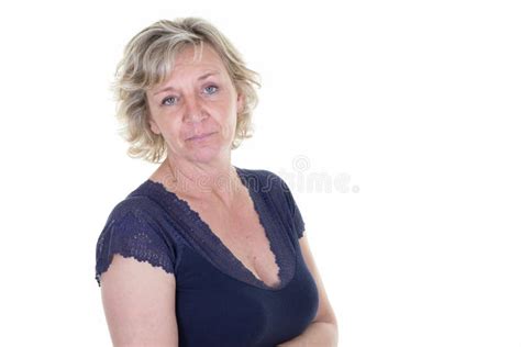 Attractive Middle Aged Woman Blue Shirt Mature Blonde With Folded Arms Crossed On White