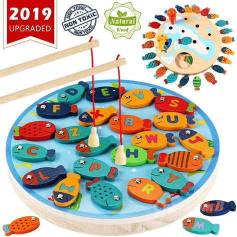 Cozybomb Magnetic Wooden Fishing Game Toy For Toddlers Alphabet Fish