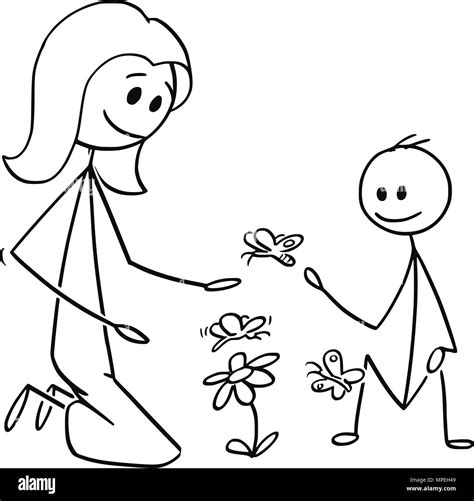 Caricatura De Madre E Hijo Viendo Flores Y Mariposas Imagen Vector De
