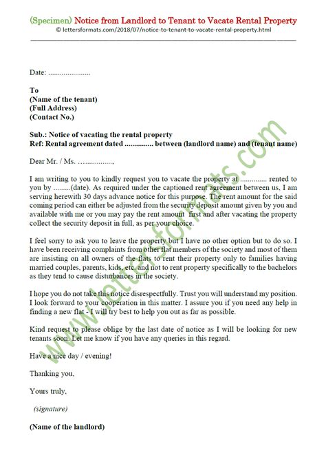 Sample Letter From Landlord To Tenant Notice To Vacate