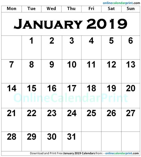 January 2019 Calendar Portrait | 2019 calendar, Calendar, Monthly calendar template
