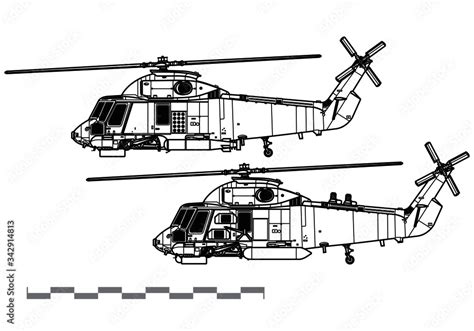 Kaman SH Seasprite Vector Drawing Of Anti Submarine Warfare Helicopter Side View Image For