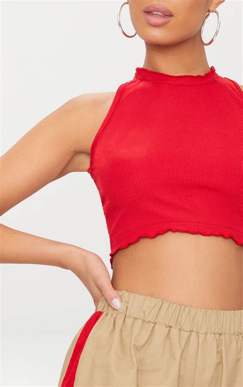 red rib frill detail high neck crop top prettylittlething