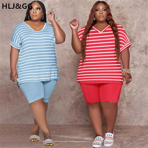 Hljandgg Casual Striped Loose Plus Size Two Piece Sets Women V Neck Tshirt Shorts Fashion 2pcs