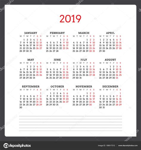 Calendar For 2019 Year Week Starts On Monday Printable Vector