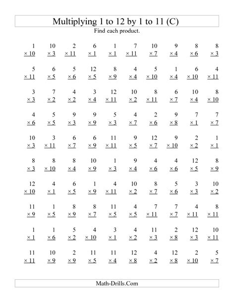 Math, english, science, social studies, spanish 100 Vertical Questions -- Multiplying 1 to 12 by 1 to 11 ...
