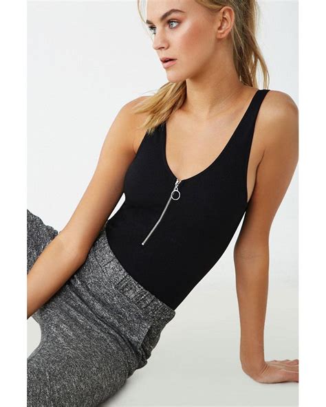 Forever 21 Synthetic Zip Front Tank Bodysuit In Black Lyst