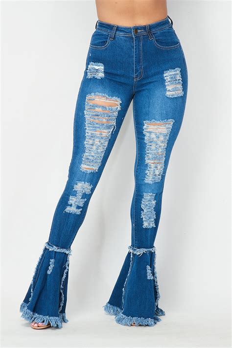 Super High Waisted Distressed Flare Jeans Denim