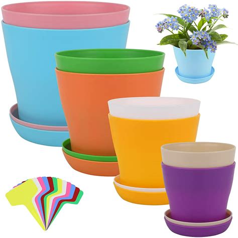 55 Inch Plastic Flower Pots 8 Pack Indoor Plant Pots With Drainage And Tray Moden Decor